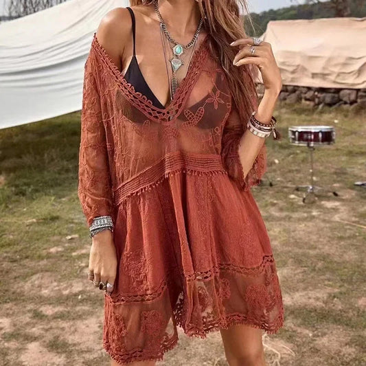 Boho V-Neck 3/4 Sleeve Mini Dress Cover-Up