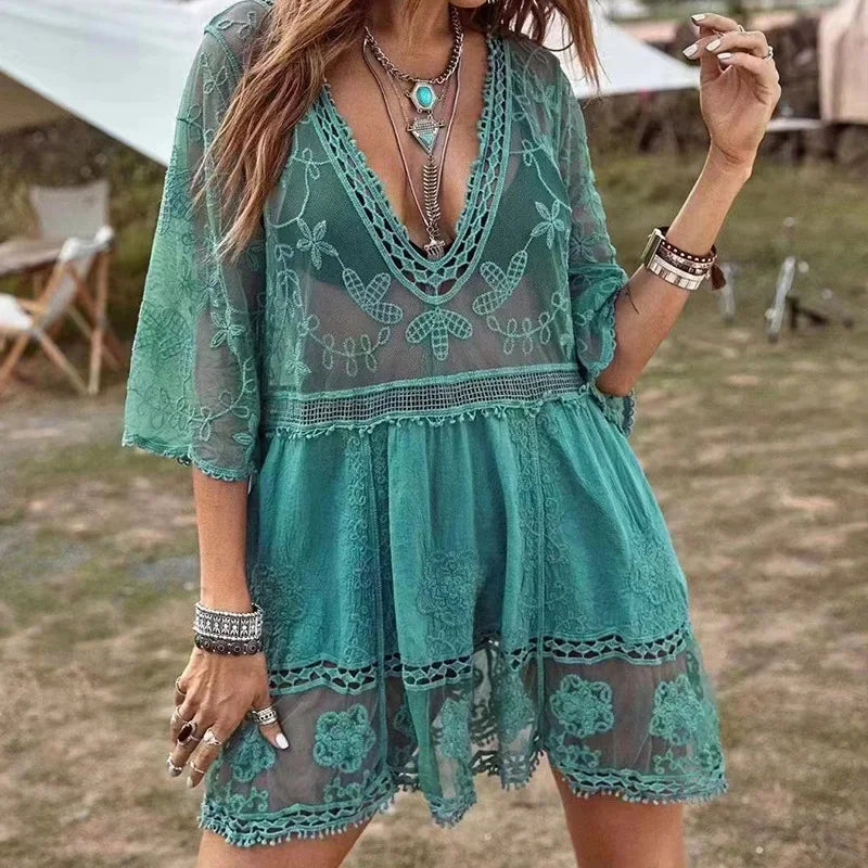 Boho V-Neck 3/4 Sleeve Mini Dress Cover-Up