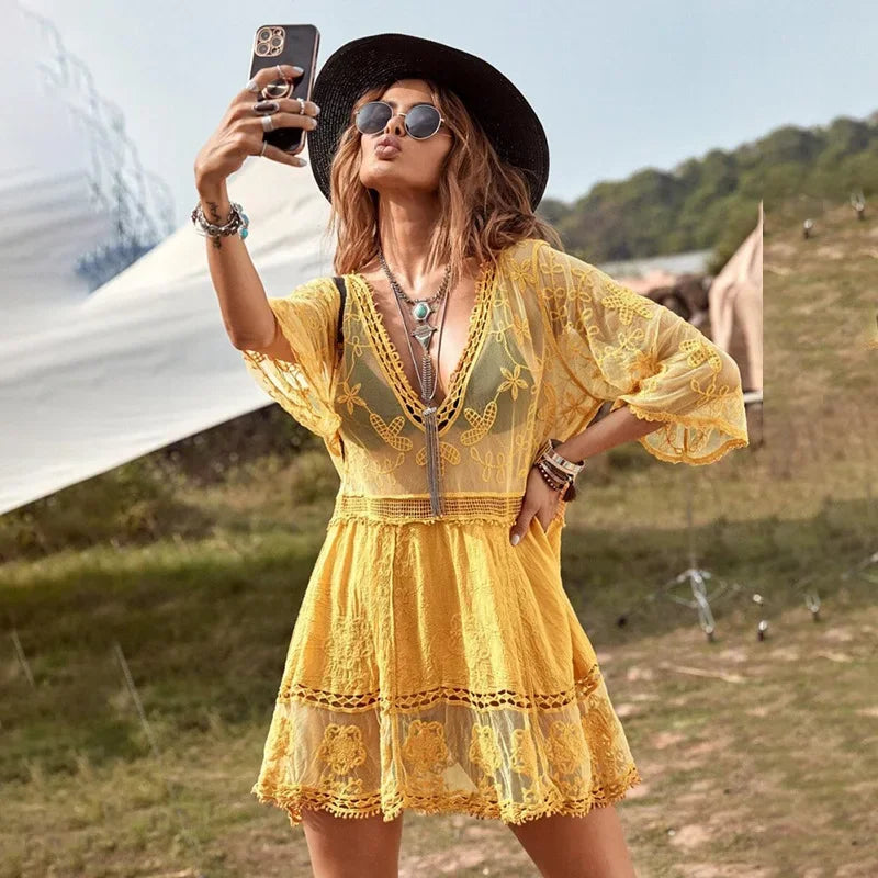 Boho V-Neck 3/4 Sleeve Mini Dress Cover-Up