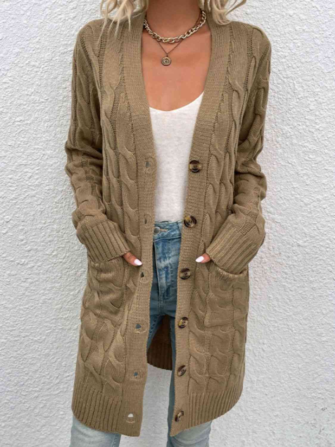 Cable-Knit Button Down Cardigan with Pockets